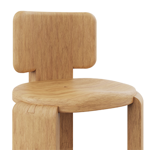 Close-up, three-quarter view of the Benjamin Dining Chair by Wood Tailors Club in light Iroko outdoor wood. The image focuses on the sculpted round seat with a central hole and the distinctive, robust T-shaped backrest, showcasing the rounded edges and prominent wood grain.