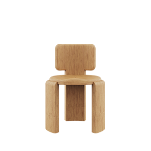 Front view of the Benjamin Dining Chair by Wood Tailors Club, crafted in natural light brown Iroko outdoor wood, featuring a curved T-shaped backrest, a round sculpted seat, and thick structural legs with interlocking joinery detailing