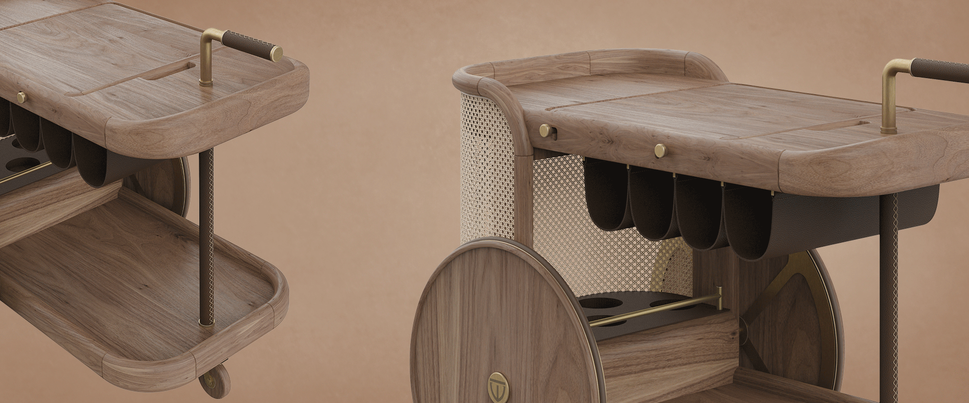 Two close-up views of the Brinsley Bar Cart, focusing on the handle for easy transport, the leather section designed for hanging bottles, and the detailed wooden frame, highlighting craftsmanship, textures, and material contrasts.