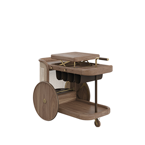 Brinsley Bar Cart with the tray elevated, crafted in walnut wood and natural rattan.