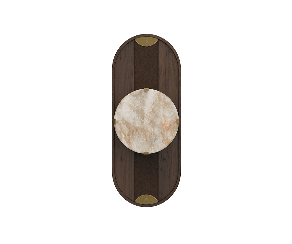 Cavendish Wall Lamp, front view, with the light turned off. Crafted from smoked walnut wood and alabaster, framed in a gentle oval silhouette with aged brushed brass accents, showcasing the lamp’s refined materials and elegant design.