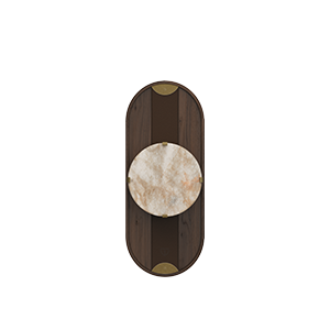 Cavendish Wall Lamp, front view, with the light turned off. Crafted from smoked walnut wood and alabaster, framed in a gentle oval silhouette with aged brushed brass accents, showcasing the lamp’s refined materials and elegant design.