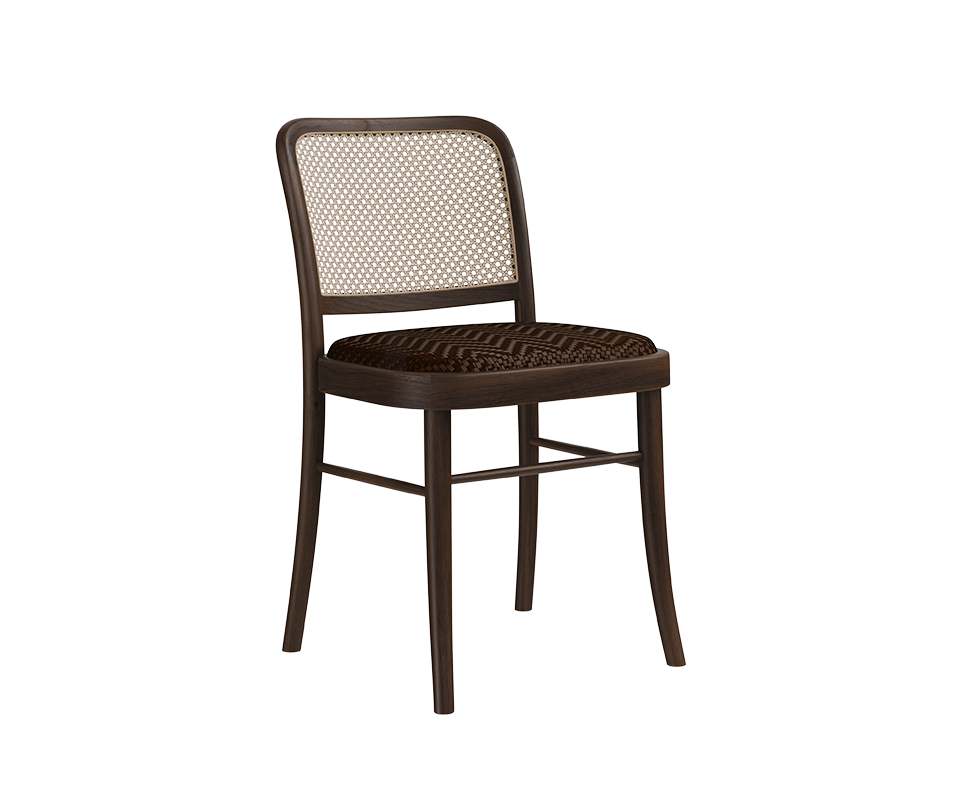 Front three-quarter view of the Charles I Dining Chair crafted with a dark walnut wooden frame, a natural woven rattan backrest, and a dark brown braided leather seat.