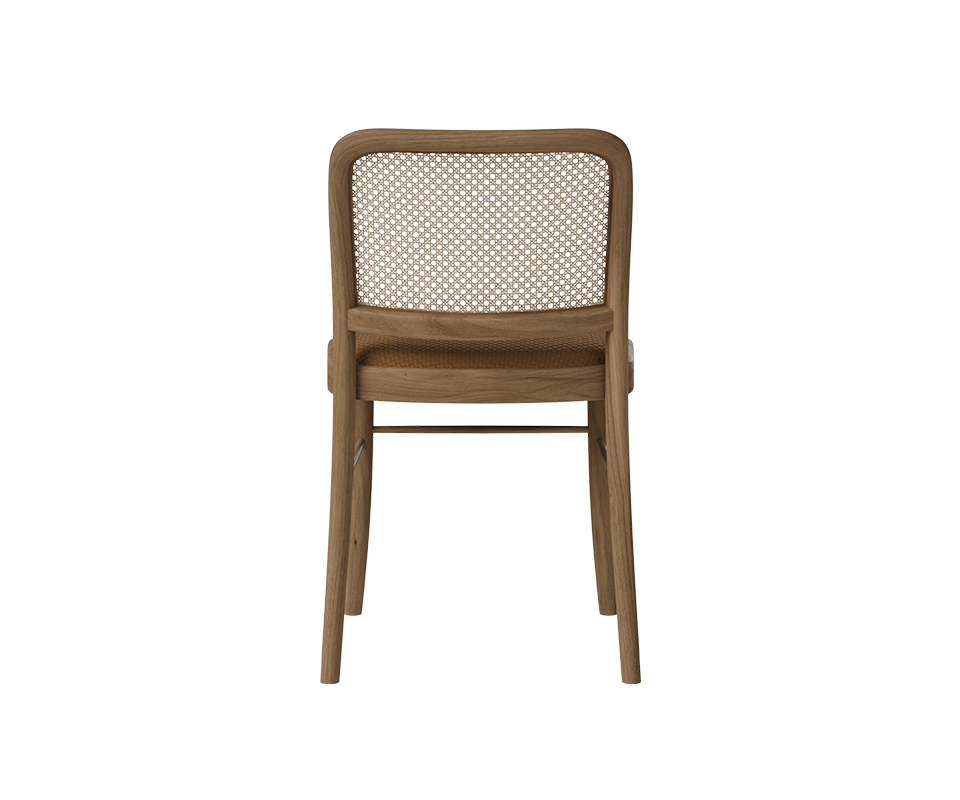 Direct back view of the Charles I Dining Chair displaying the hand-woven cane rattan backrest panel inset into a solid oak frame.