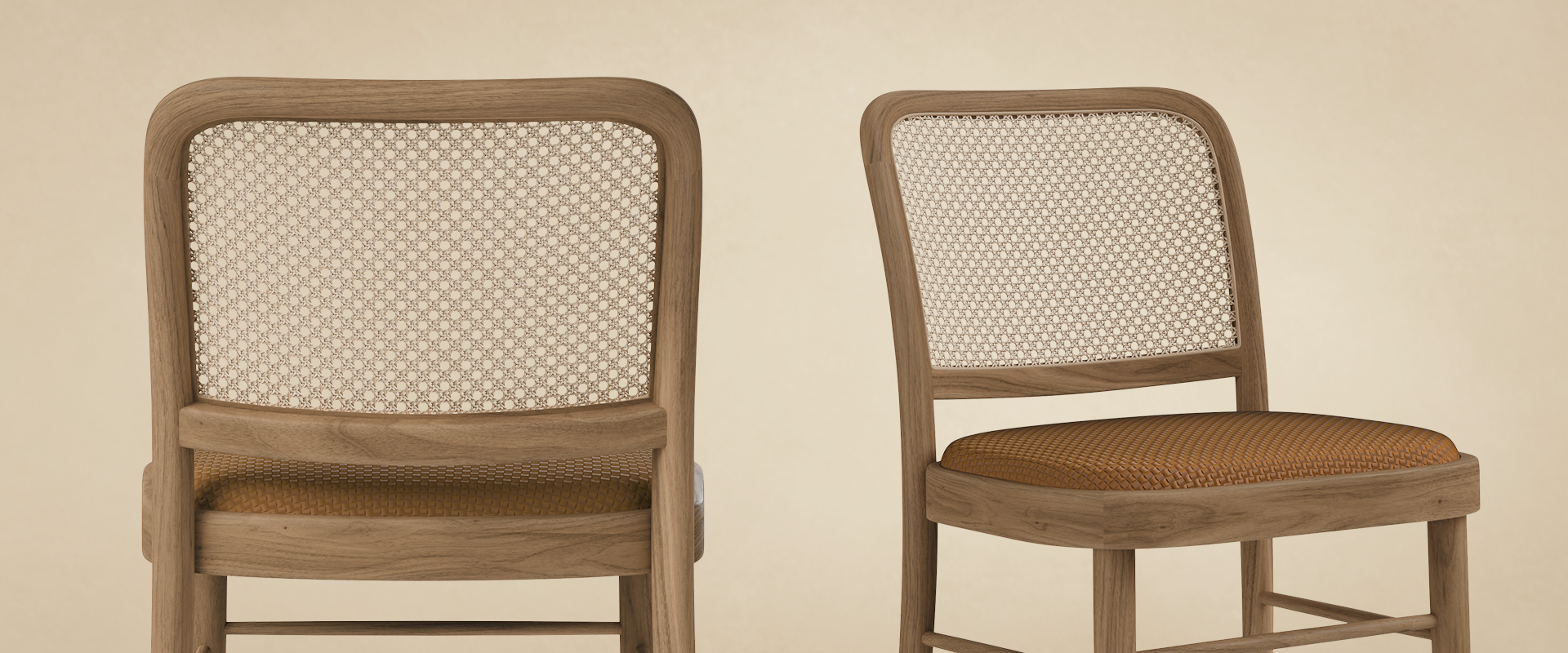 Close-up detail of two Charles I Dining Chairs highlighting the intricate hand-woven natural rattan backrest craftsmanship and textured braided leather seating.