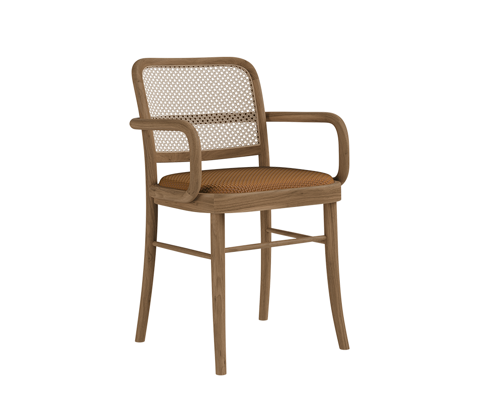 Front three-quarter view of the Charles II Dining Chair by Wood Tailors Club with a light oak wooden frame, natural woven rattan backrest, integrated curved armrests, and a warm cognac braided leather seat.