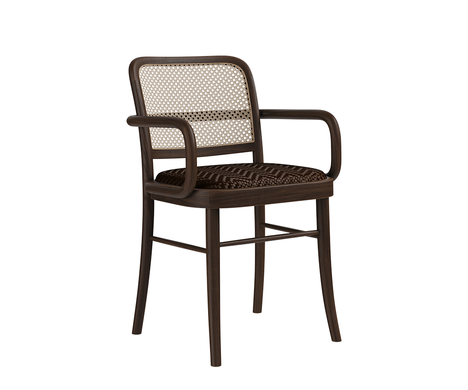 Three-quarter front view of the Charles II Dining Chair by Wood Tailors Club featuring a dark walnut wood frame, cane rattan backrest, and a rich dark brown braided leather upholstered seat.