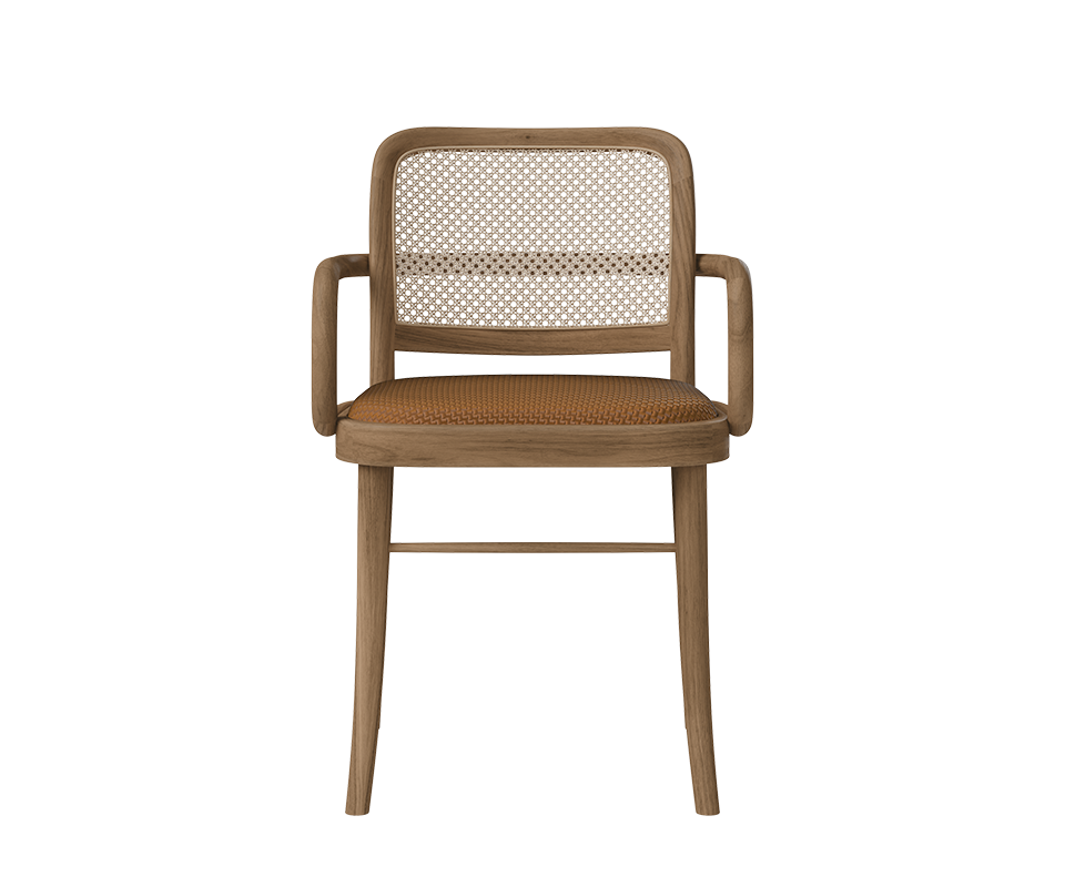 Direct front view of the Charles II Dining Chair by Wood Tailors Club showing its wooden structure, woven rattan backrest, cognac braided leather seat, and continuous curved armrests.