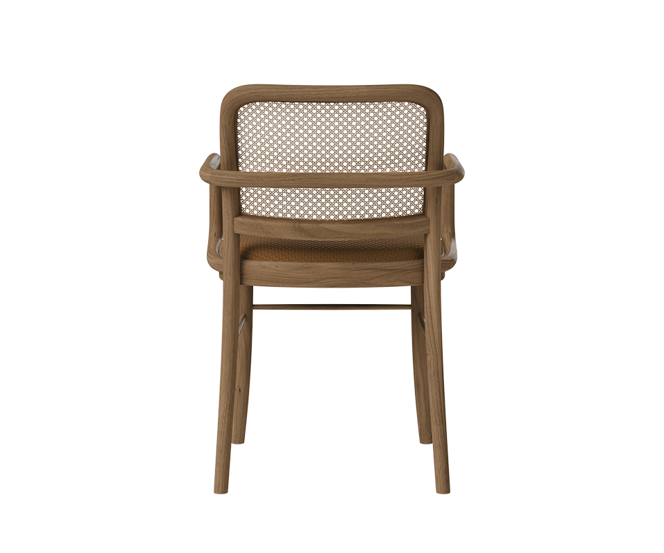 Direct back view of the Charles II Dining Chair by Wood Tailors Club showcasing the natural wood frame design and the transparent texture of the woven rattan backrest.