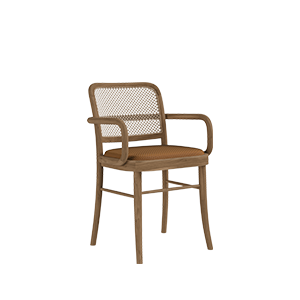 Front three-quarter view of the Charles II Dining Chair by Wood Tailors Club with a light oak wooden frame, natural woven rattan backrest, integrated curved armrests.