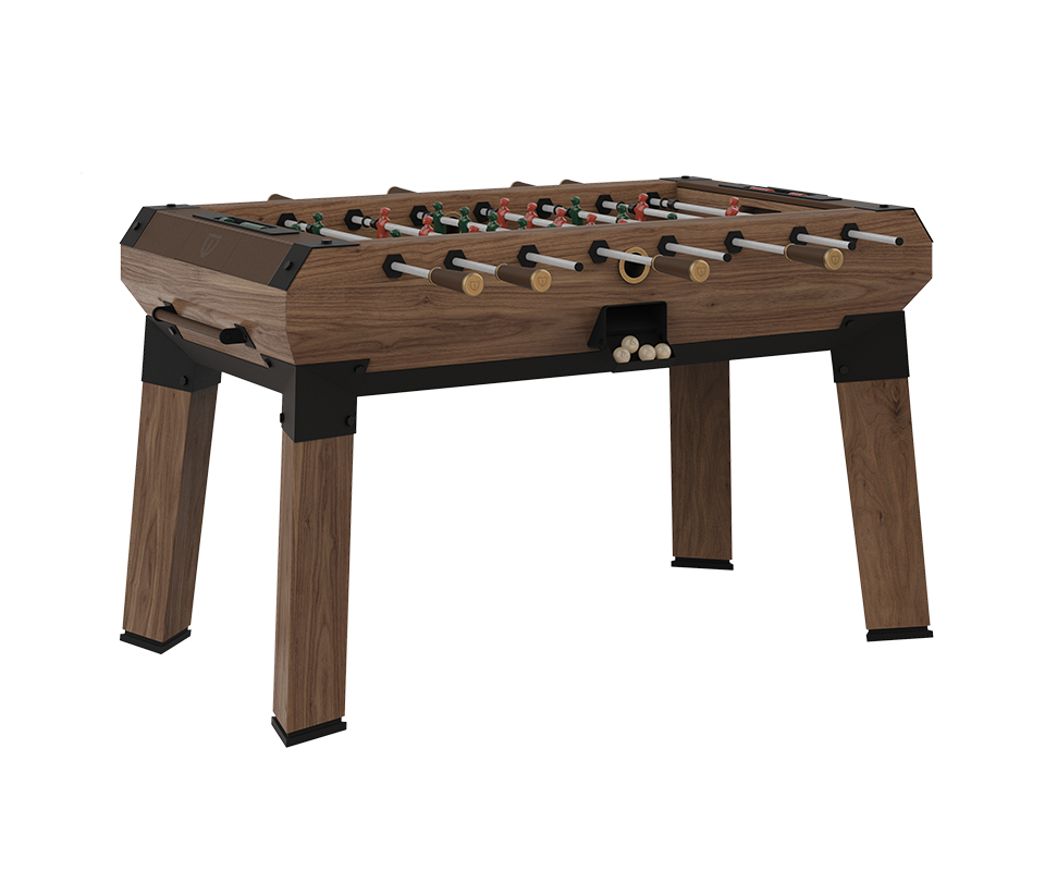 Chesterfield Foosball Table crafted from walnut wood and black powder-coated stainless steel, featuring brushed aged brass handles, leather details, and contemporary lacquered steel players.