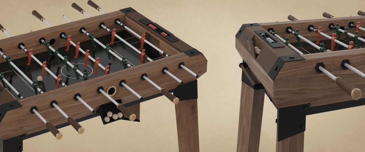 A split-view close-up of the Chesterfield Foosball Table. The left side shows the ball return slot, walnut wood grain, and lacquered players on the black field. The right side highlights the leather-upholstered corner with the embossed Wood Tailors Club logo and the sliding score counter.
