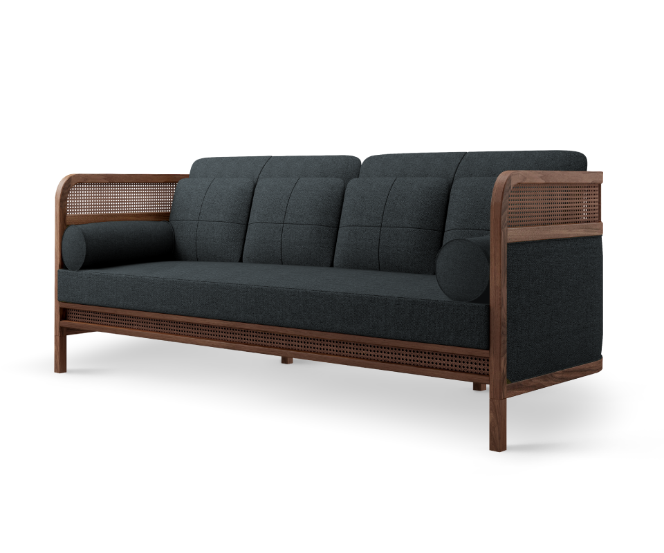Crockford Sofa in walnut wood, ratan and black linen Crockford Sofa in walnut wood, ratan and black linen