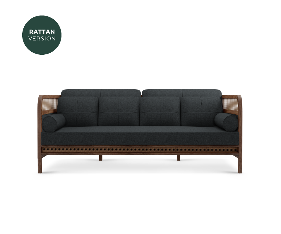 Crockford Sofa in walnut wood, ratan and black linen Crockford Sofa in walnut wood, ratan and black linen