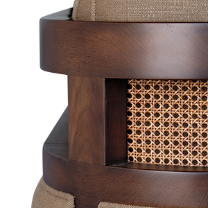 Crockford Sofa in walnut wood, ratan and linen