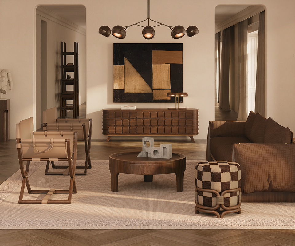 A warm, sophisticated living room interior featuring handcrafted wooden furniture by Wood Tailors Club with the Dudley Sofa. The Fleming Suspension Lamp, with its dark wood spherical shades, hangs above a textured abstract painting and Elliott sideboard a mid-century modern sideboard with a carved geometric facade. In the foreground, the churchill low round center table sits on a cream rug, flanked by two leather Korda folding chairs, the dudley sofa in chocolate brown and a brown checkered Stefan ottoman. The room is bathed in soft, golden hour sunlight, highlighting the rich wood grains and neutral earth tones.