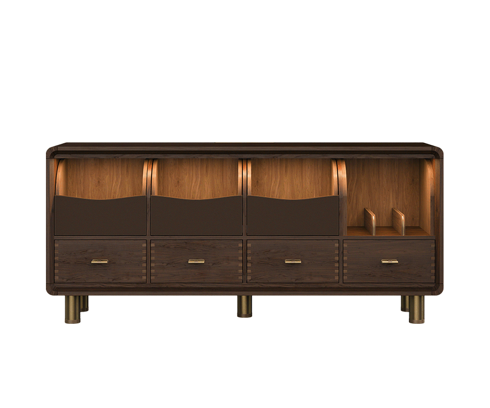 Front view of the Edward Sideboard by Wood Tailors Club featuring illuminated upper storage compartments, leather-accented holders, for audio, wooden drawers with brass handles, and brushed brass legs.