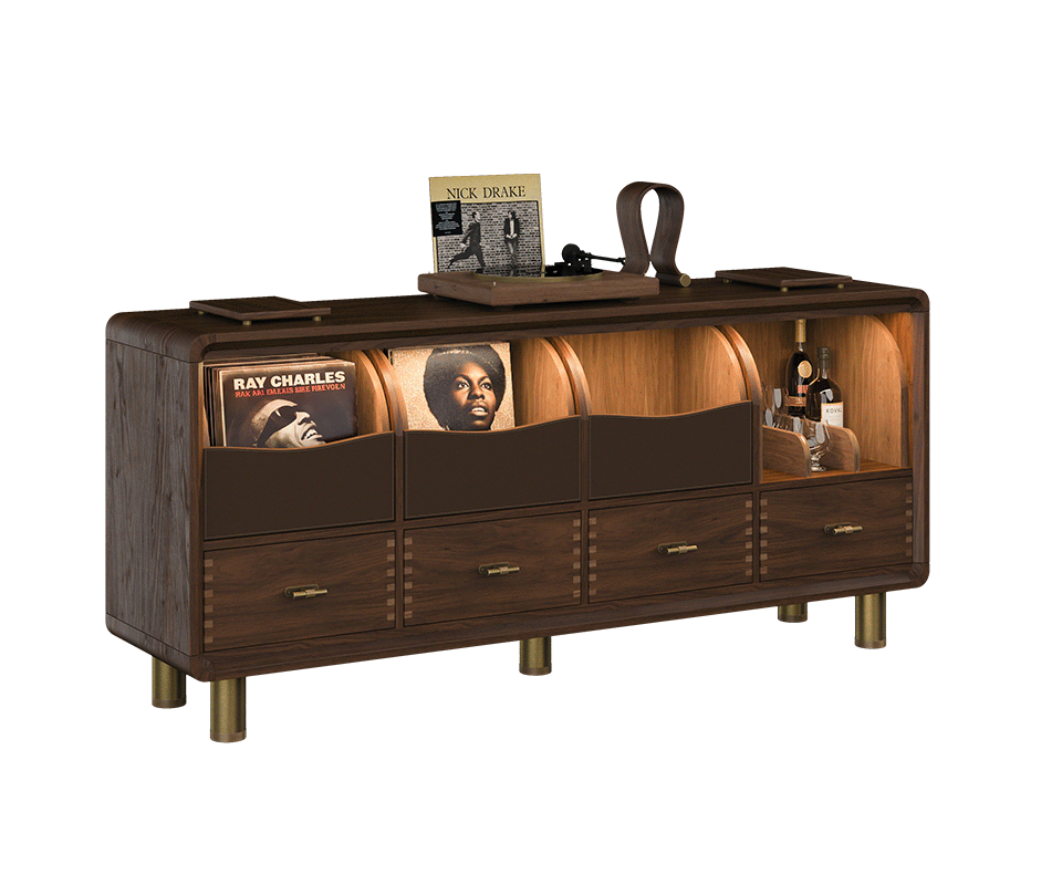 Three-quarter view of the Edward Sideboard by Wood Tailors Club crafted in dark stained smoked walnut, displaying vinyl storage compartments, drawers with brass hardware, and a turntable setup.