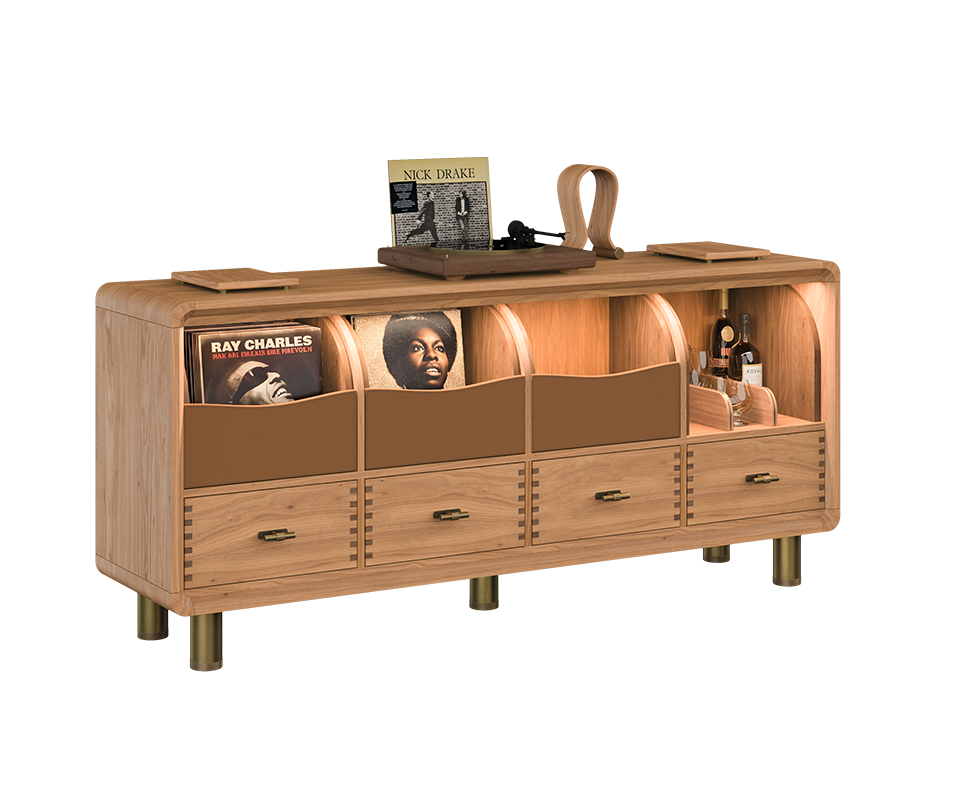 Three-quarter view of the Edward Sideboard by Wood Tailors Club in a light natural wood finish, styled with vinyl records, a turntable on top, and warm internal LED illumination.
