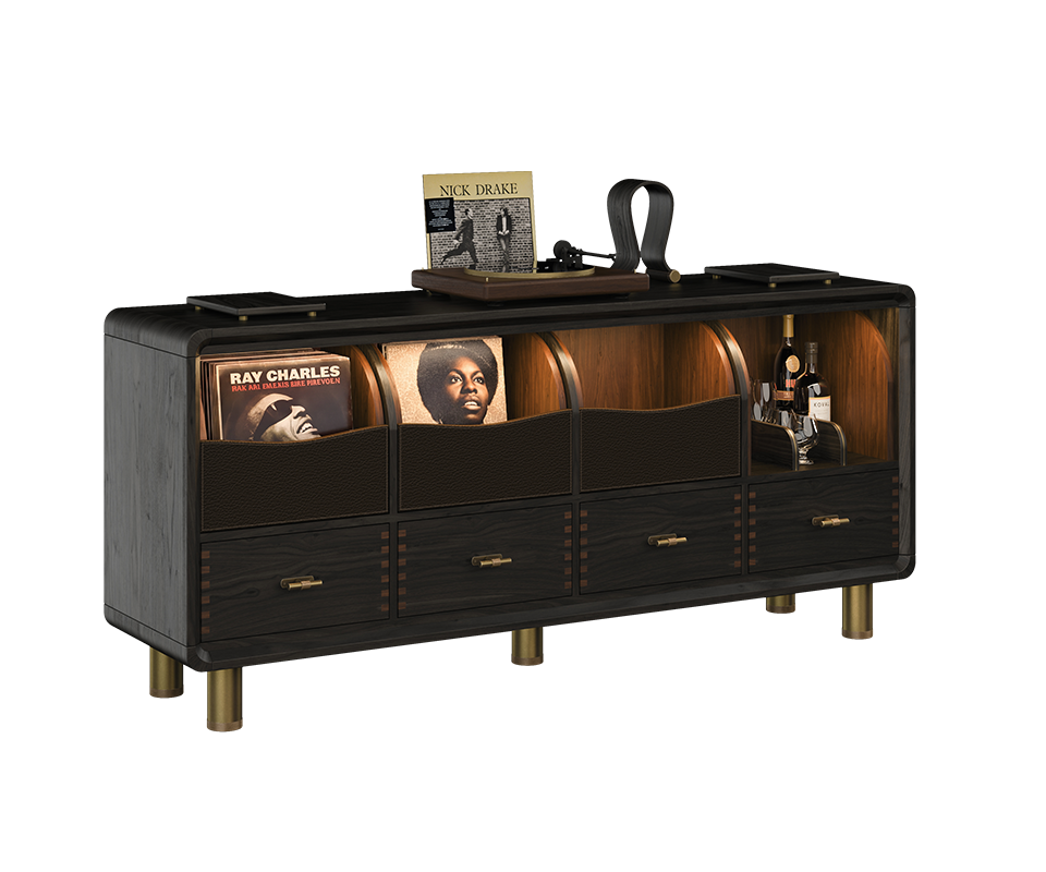 Angled view of the Edward Sideboard by Wood Tailors Club in dark walnut, styled as a vinyl music cabinet with record albums, a turntable, headphone holder, liquor bottles, and integrated shelf lighting.