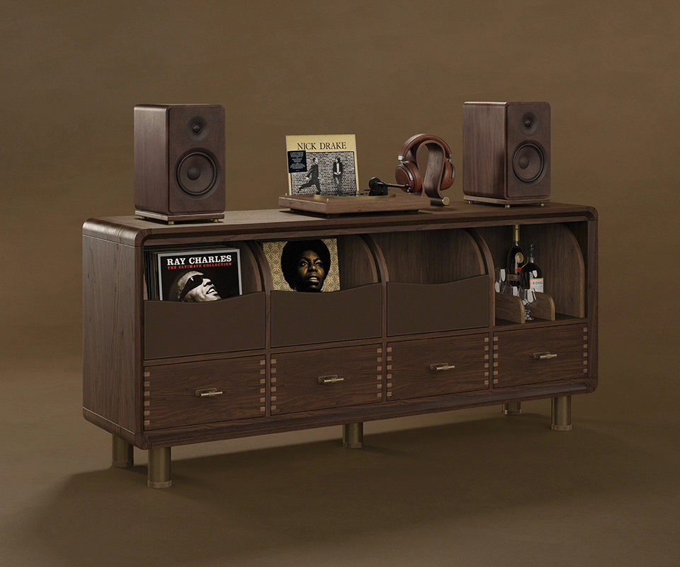 Handcrafted Edward Sideboard by Wood Tailors Club in walnut wood, featuring illuminated open compartments with vinyl records, spirits, and top-mounted audio speakers, turntable, and headphones.