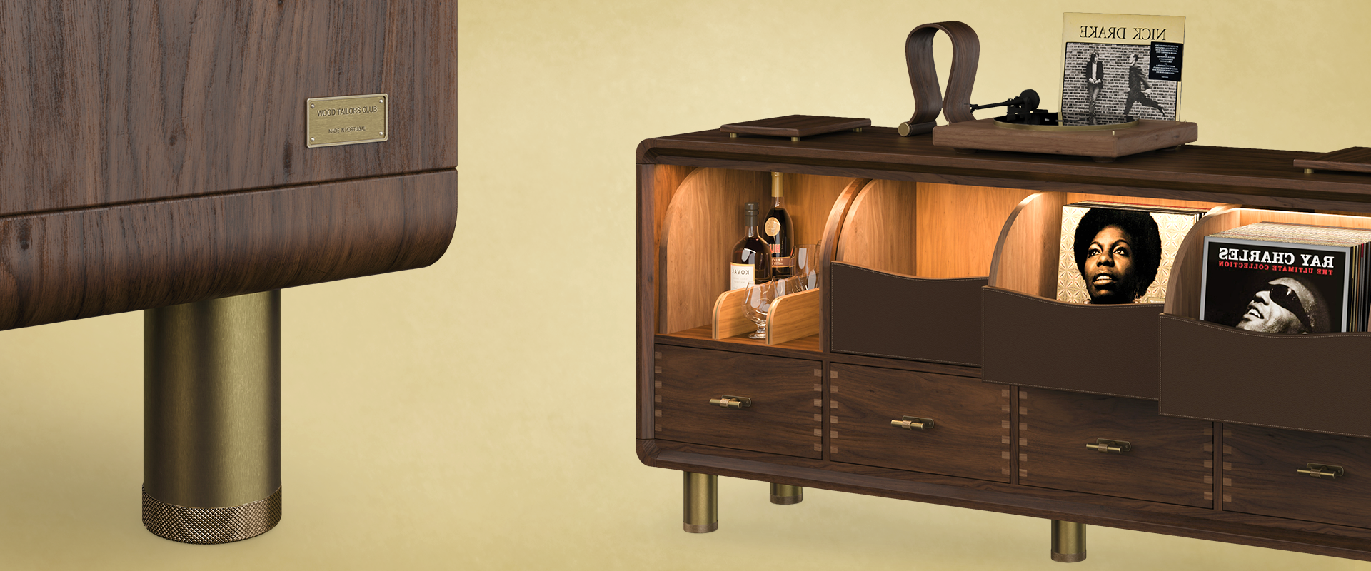 Split view showing a close-up of the solid wood construction, brass branding plate, and knurled brass leg of the Edward Sideboard on the left, alongside an angled view of the fully styled audio cabinet on the right.