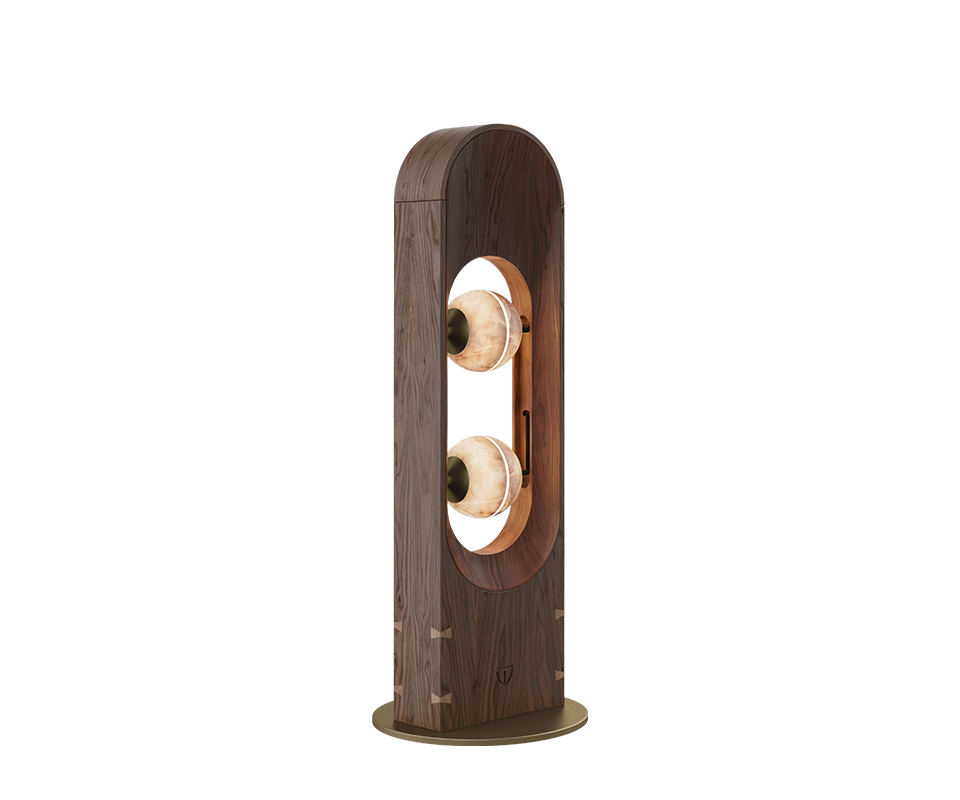 Foley Floor Lamp in alabaster, walnut wood, smoked walnut wood and aged brushed brass .