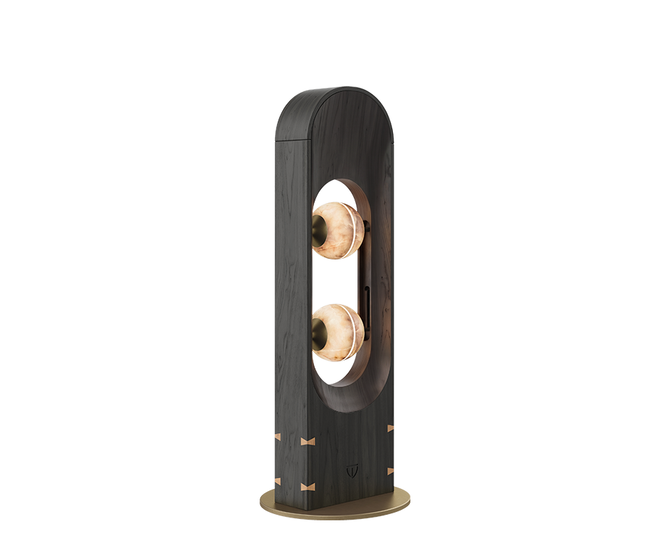 Foley Floor Lamp in alabaster, black stained ashwood and aged brushed brass .