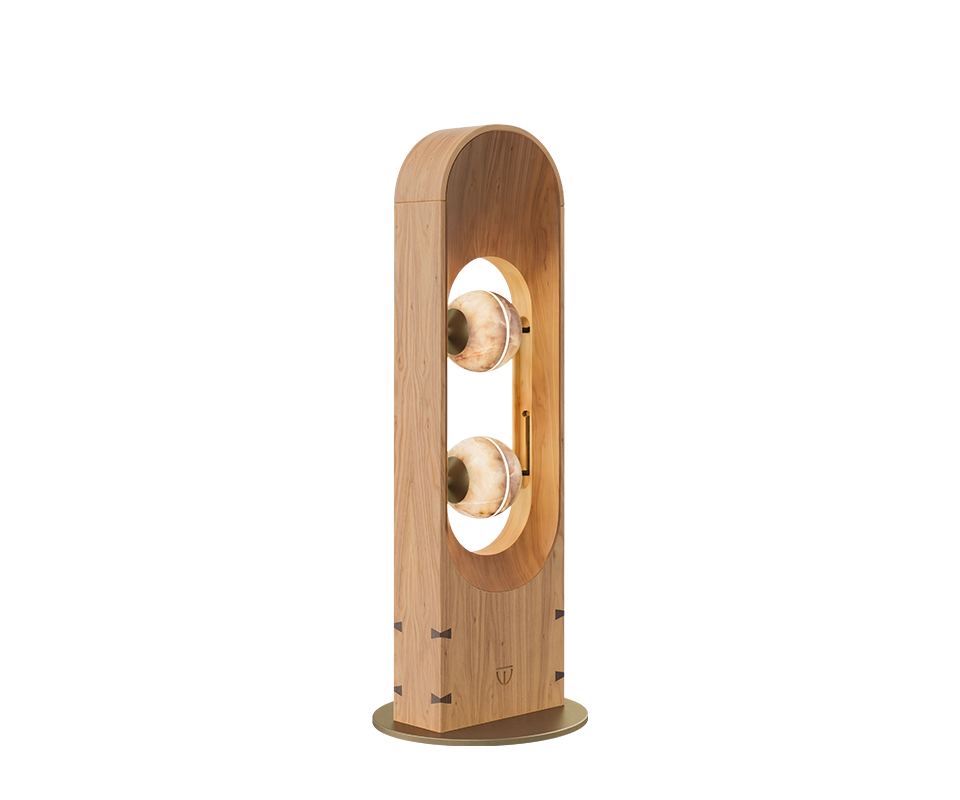Foley Floor Lamp in alabaster, oak and aged brushed brass .