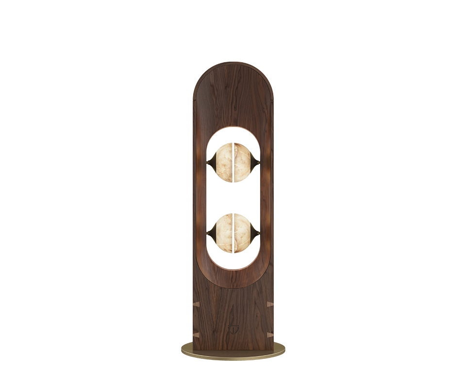 Foley Floor Lamp in alabaster, smoked walnut wood and aged brushed brass .