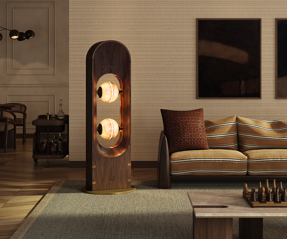 Foley Floor Lamp Foley Floor Lamp next to Dudley II sofa, Grenville center table in a intimate living room setting.