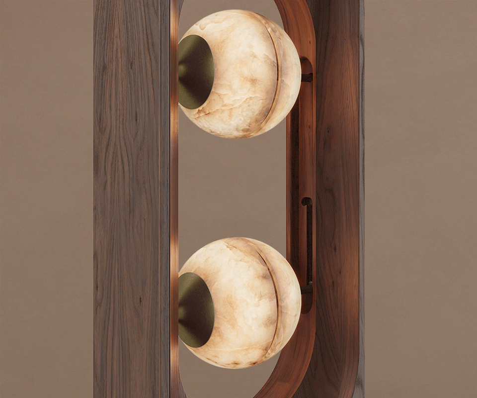 Foley Floor Lamp detail side profile of the spheres in alabaster glidding effortlessly, structure in smoked walnut wood.