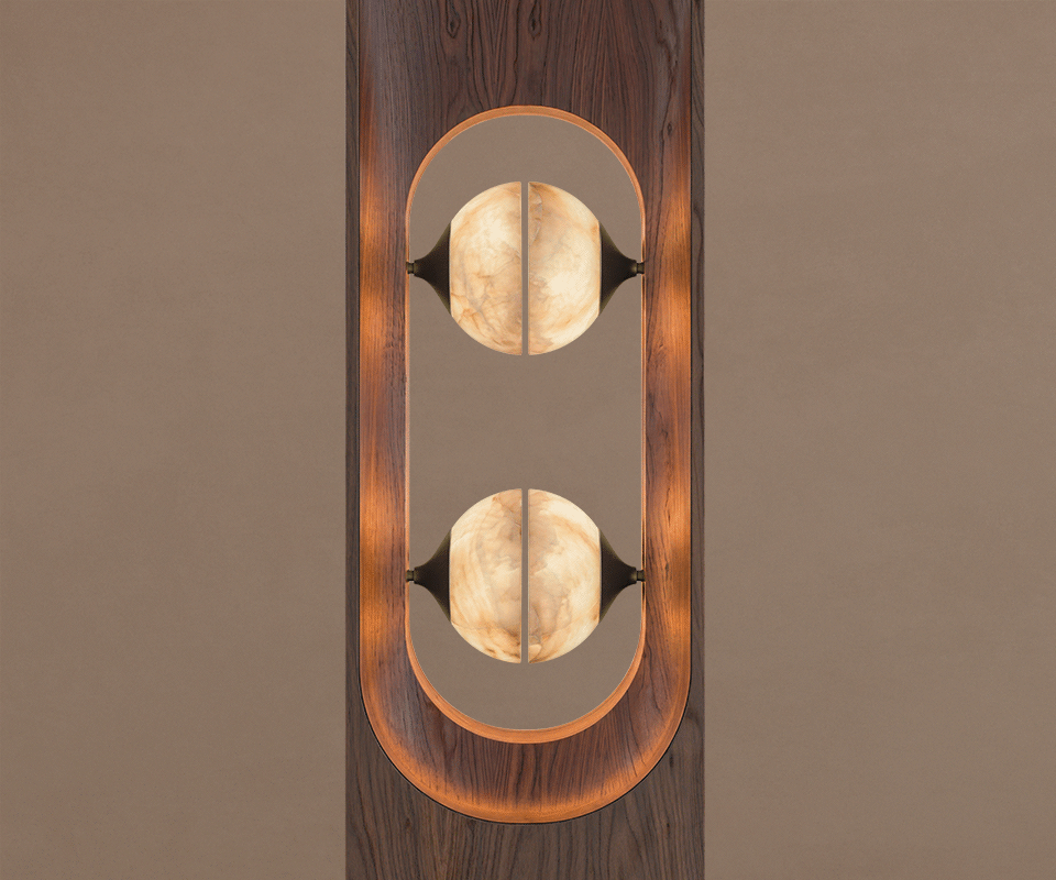 Foley Floor Lamp front view profile of two spheres in alabaster glidding effortlessly, structure in smoked walnut wood.