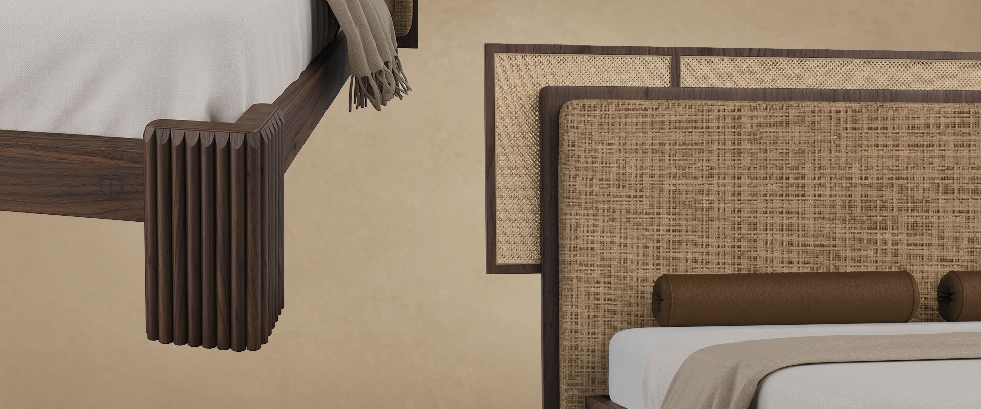 Forbes bed close-up highlighting the rattan and upholstery textures, as well as the wood texture of the bed’s feet.