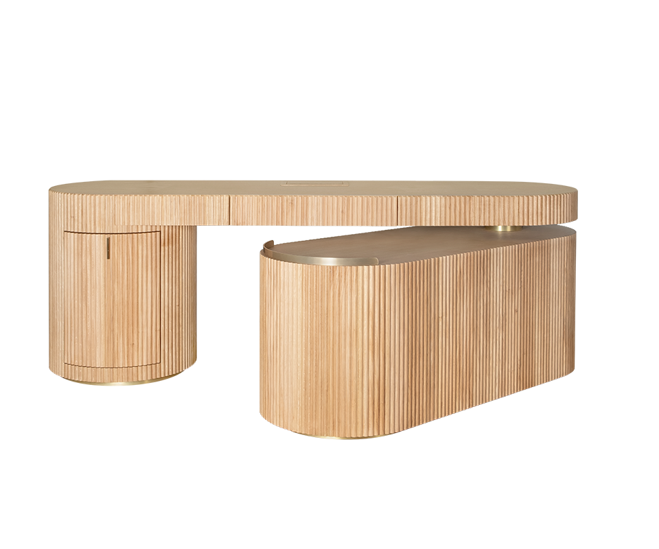 Gifford Desk Gifford desk by Wood Tailors Club in oak. Angle view showing the desk's modularity, with the lower oak shelf module in a partially extended position, transitioning from closed to open. Brass detailing is visible on the bases and shelf trim.