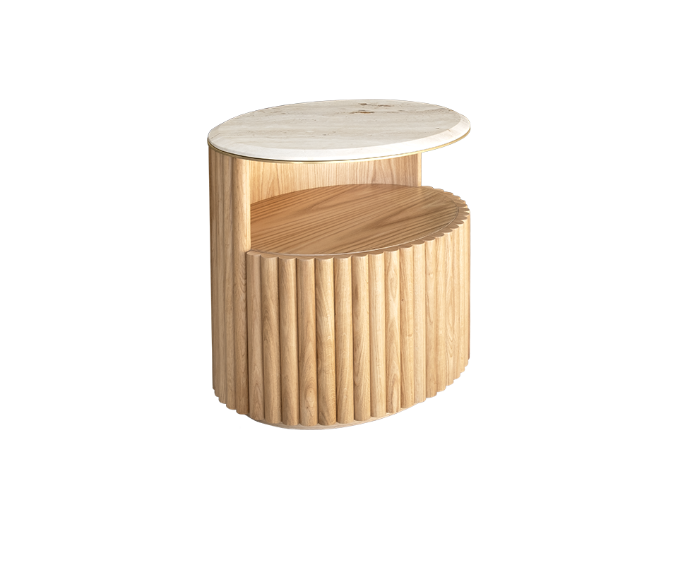 Herbert Bedside Table in natural oak with a travertine tabletop and brushed brass details, positioned at a 45-degree angle.