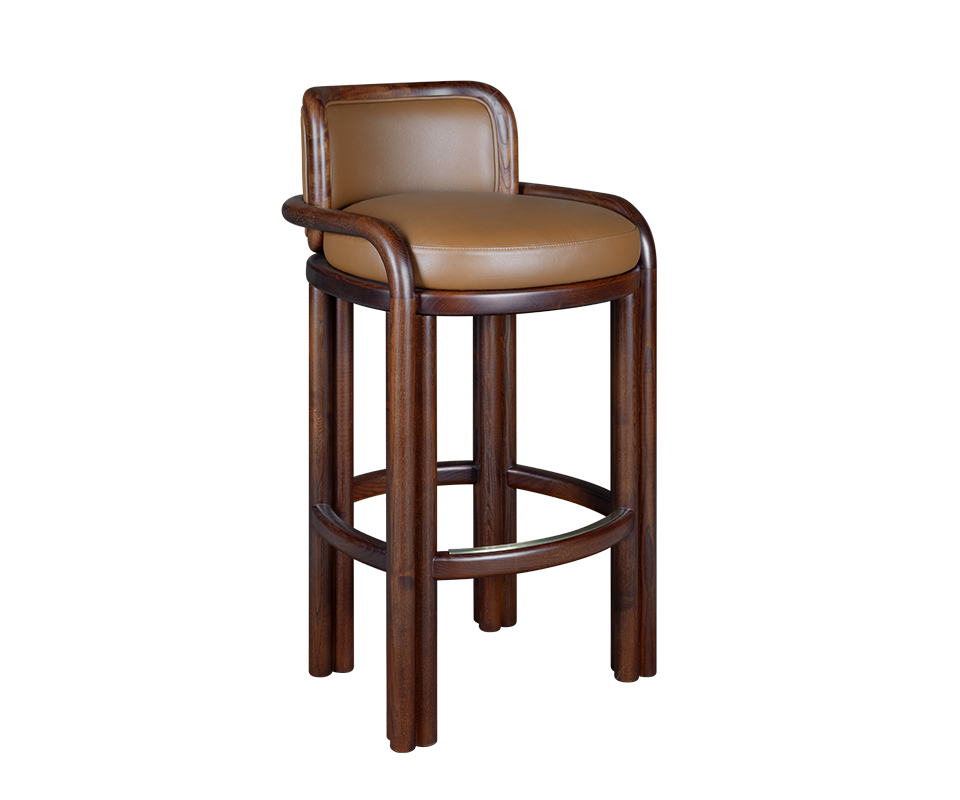 James Bar Chair in smoked walnut solid wood frame with warm tan genuine leather cushioned seat and backrest, shown from a three-quarter front view on a black background.