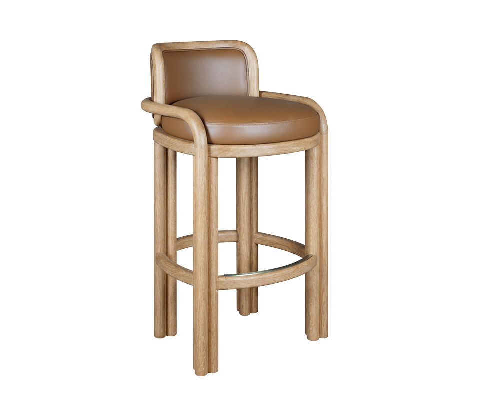 James Bar Chair featured in a light natural oak wood frame with tan genuine leather upholstered seat, isolated on a solid black background.