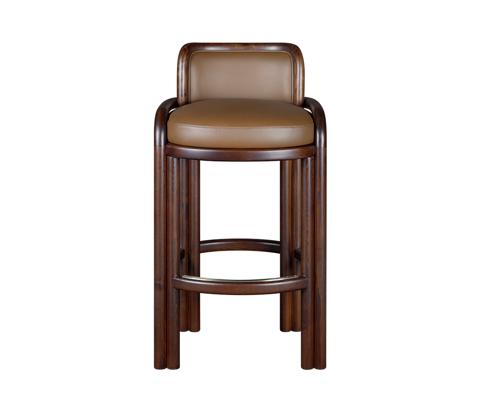Front view of the James Bar Chair crafted from dark smoked walnut wood with tan genuine leather seating and a curved brass footrest on a black background.