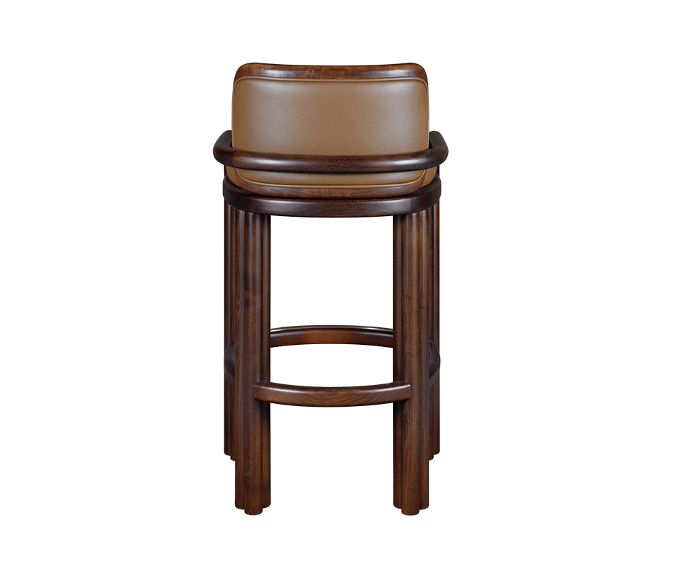 Direct back view of the James Bar Chair showcasing the dark smoked walnut wood frame with a smooth tan genuine leather back cushion on a black background.