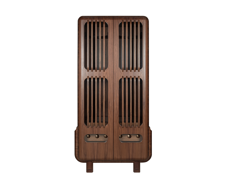Kennedy Golf Locker Full-length front view of the Kennedy Golf Locker, a tall rectangular cabinet with rounded corners, handcrafted in dark smoked walnut wood. The doors feature vertical slatted wood panels, and the piece stands on a structured base with four short wooden legs.