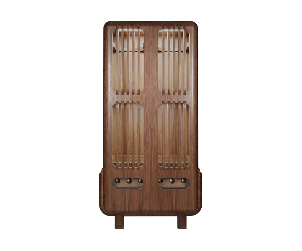 Kennedy Golf Locker Full-length front view of the Kennedy Golf Locker in smoked walnut wood. The interior is illuminated and revealf golf club storage.