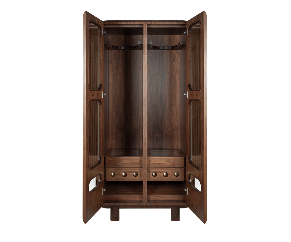 Kennedy Golf Locker Full-length front view of the smoked walnut Kennedy Golf Locker with both doors wide open. The interior features a central wooden partition, a top hanging rack for golf clubs, and two built-in drawers at the base with spherical aged brushed brass details.