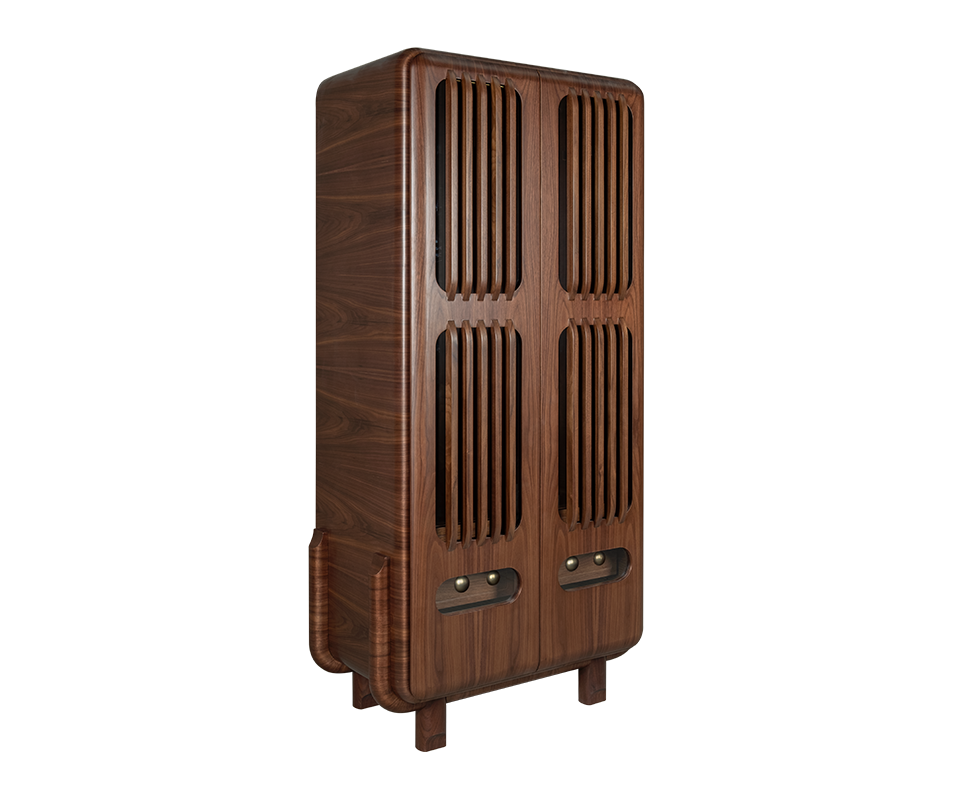 Kennedy Golf Locker Three-quarter perspective view of the Kennedy Golf Locker in smoked walnut wood. The image highlights the solid wood side panel, the curved edges of the frame, and the rhythmic pattern of the front slatted doors.