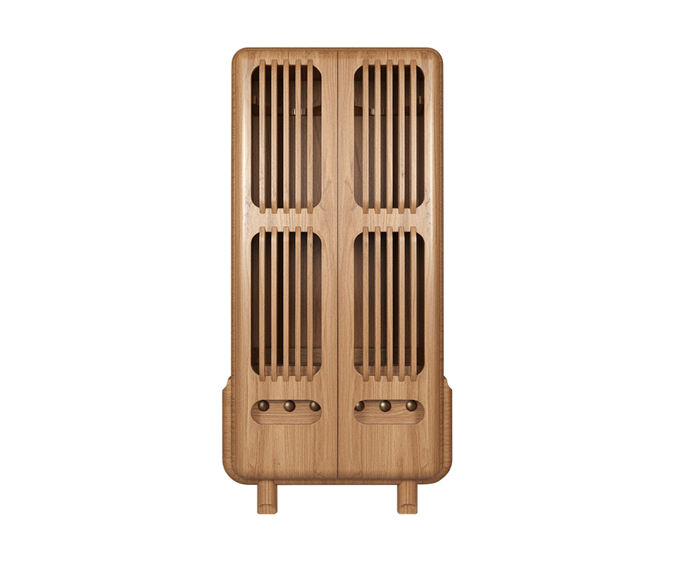 Kennedy Golf Locker Full-length front view of the Kennedy Golf Locker, featuring the same slatted door design and rounded silhouette but executed in light-natural oak.