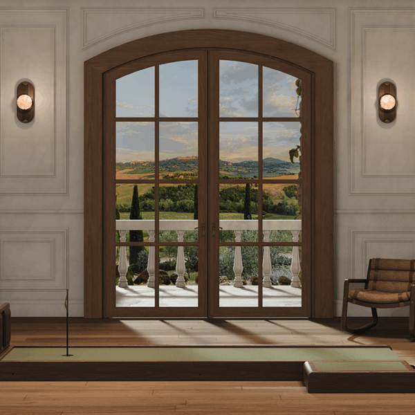 Sutherland Mini Golf set by Wood Tailors Club, crafted in walnut and leather, positioned in a sophisticated interior with a view of a rolling landscape through large arched doors.