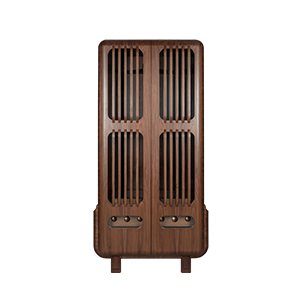 Full-length front view of the Kennedy Golf Locker, a tall rectangular cabinet with rounded corners, handcrafted in dark smoked walnut wood. The doors feature vertical slatted wood panels, and the piece stands on a structured base with four short wooden legs.