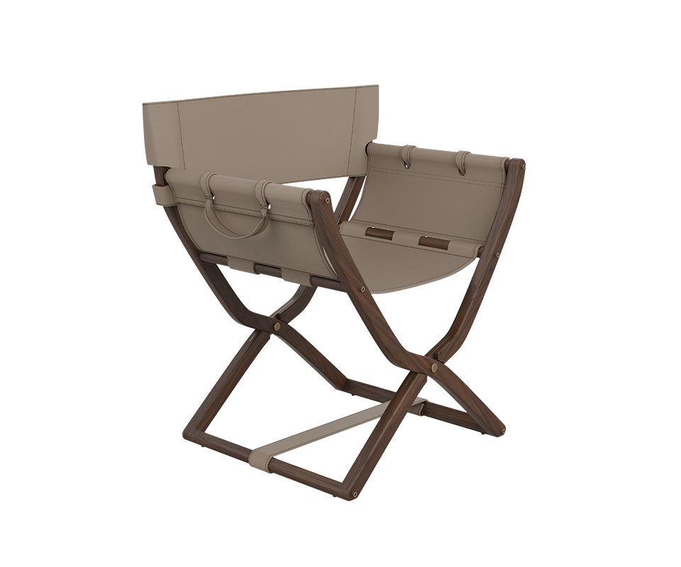 Korda Folding Chair Korda Folding Chair by Wood Tailors Club showcasing a classic walnut wood frame with a smooth finish, complemented by light beige or sand-colored leather seating.