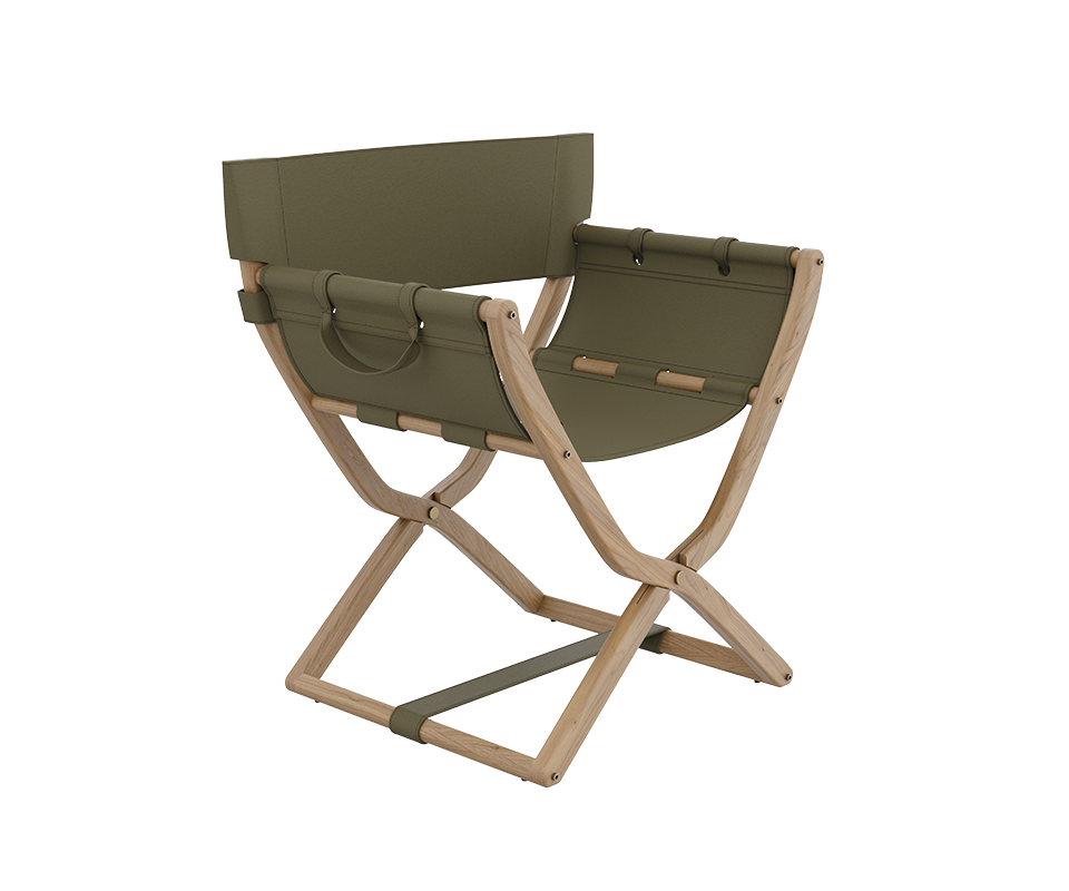 Korda Folding Chair by Wood Tailors Club presenting a light natural oak frame with a minimal finish, combined with olive green leather upholstery for a sophisticated, earthy aesthetic.