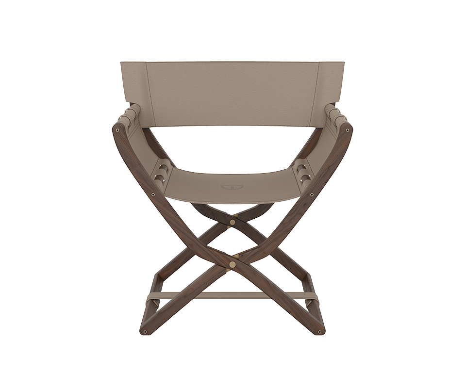 Korda Folding Chair Full frontal view of the Korda Folding Chair opened, highlighting the wide taupe leather backrest and seat, the curved wooden armrests, and the sturdy cross-leg structure.